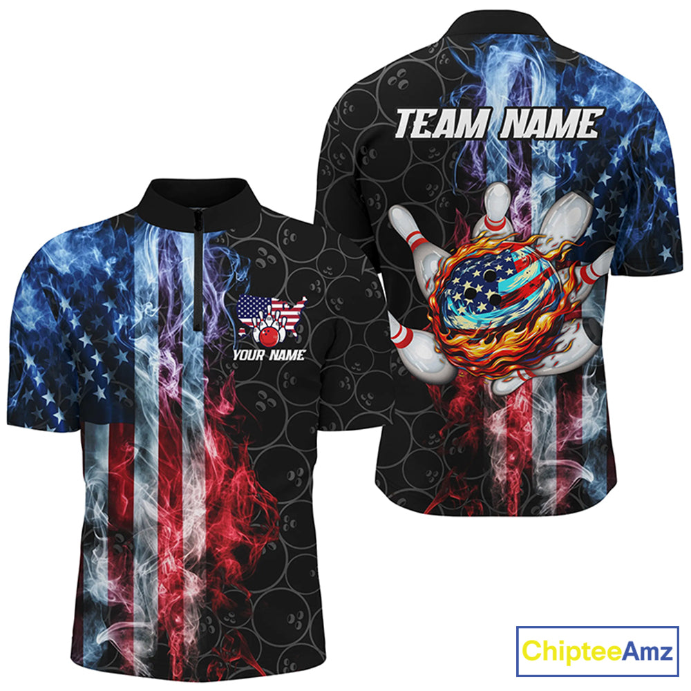 Smoke American Flag Flame Bowling camo Custom Patriotic Bowling Shirts For Men, Bowling Team Jerseys NQS8241