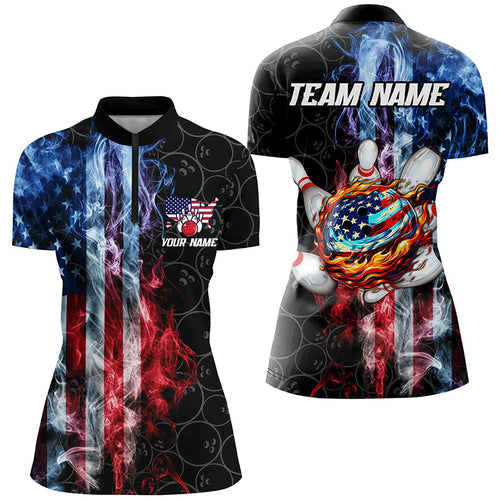 Smoke American Flag Flame Bowling camo Custom Patriotic Bowling Shirts For Women, Bowling Team Jerseys NQS8241
