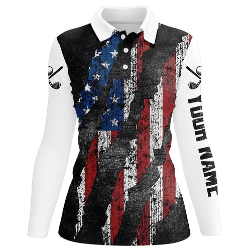 Black and White Grunge American Flag Women golf polo shirts custom Patriotic golf apparel for women NQS8245