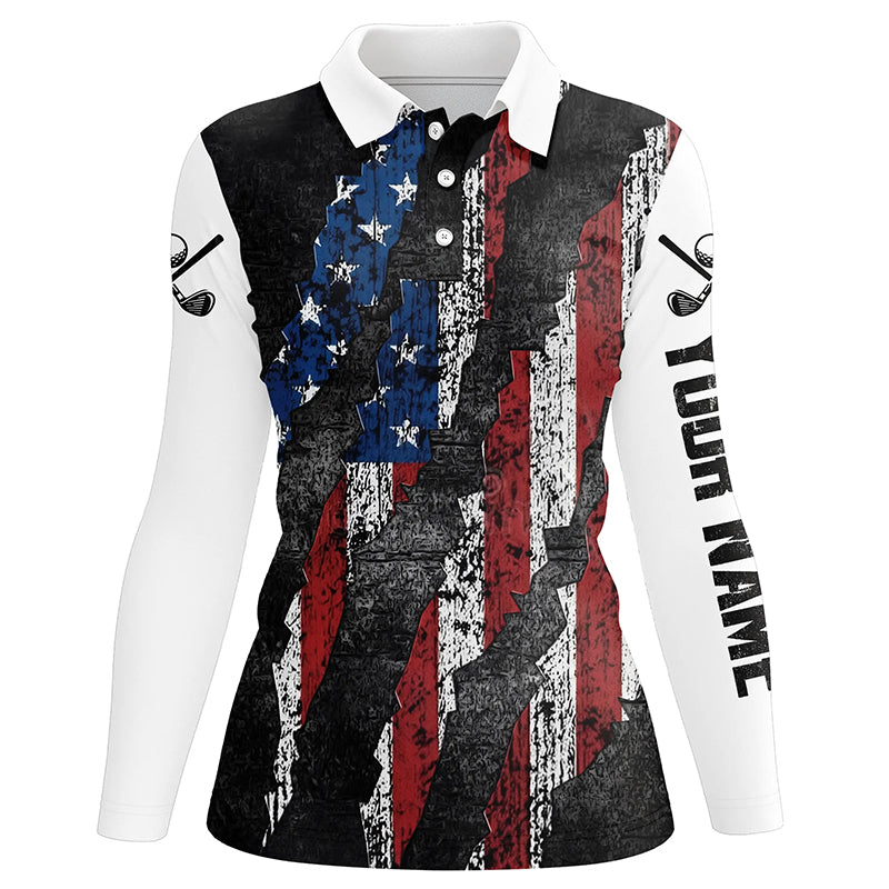 Black and White Grunge American Flag Women golf polo shirts custom Patriotic golf apparel for women NQS8245