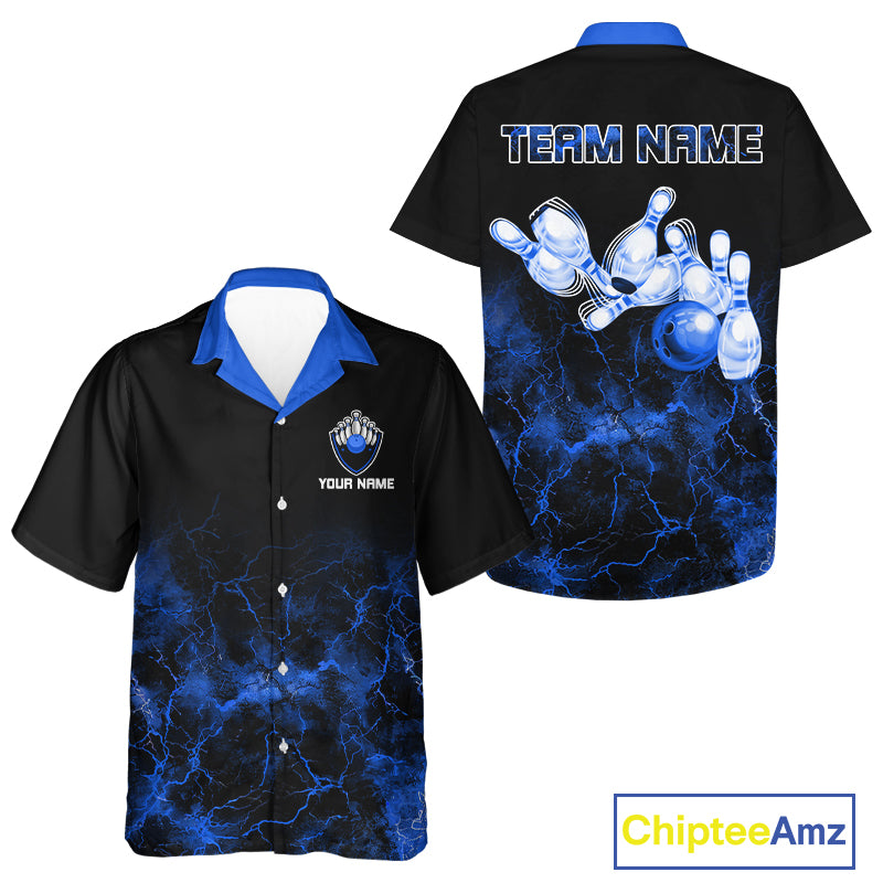 Personalized Bowling Hawaiian Shirt Blue lightning Bowling Ball Pins bowling shirt for Bowler NQS10633