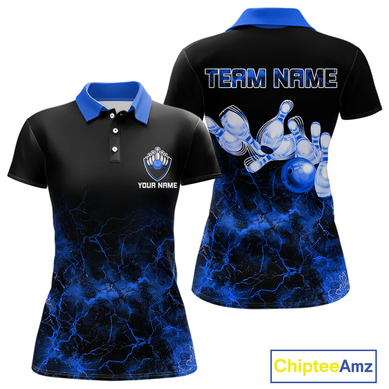 Personalized Women's bowling shirts Blue lightning Bowling Ball Pins bowling jerseys for Bowler NQS10633