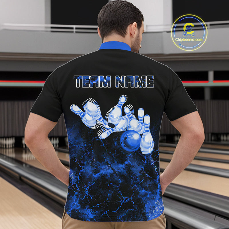 Personalized Men's bowling shirts Blue lightning Bowling Ball Pins bowling jerseys for Bowler NQS10633