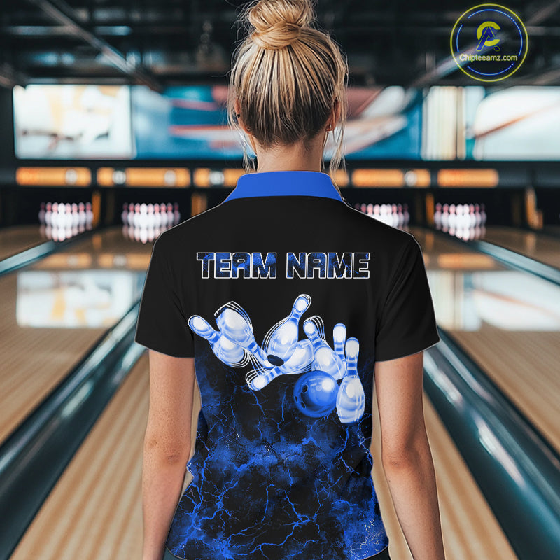 Personalized Women's bowling shirts Blue lightning Bowling Ball Pins bowling jerseys for Bowler NQS10633