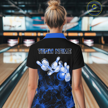 Personalized Women's bowling shirts Blue lightning Bowling Ball Pins bowling jerseys for Bowler NQS10633