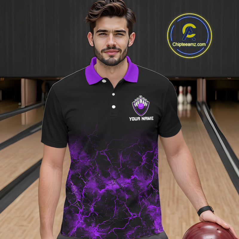 Personalized Men's bowling shirts Purple lightning Bowling Ball Pins bowling jerseys for Bowler NQS10634