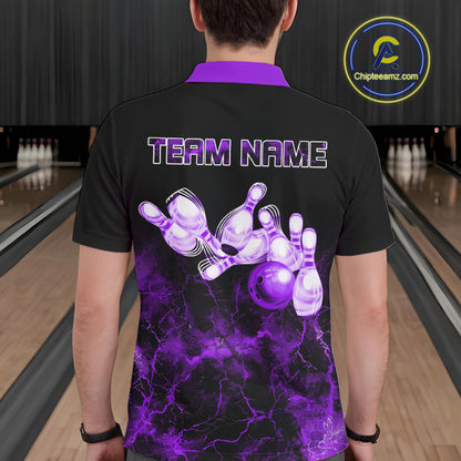 Personalized Men's bowling shirts Purple lightning Bowling Ball Pins bowling jerseys for Bowler NQS10634