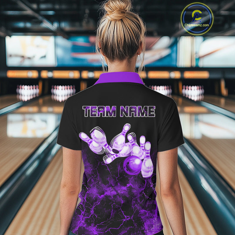Personalized Women's bowling shirts Purple lightning Bowling Ball Pins bowling jerseys for Bowler NQS10634