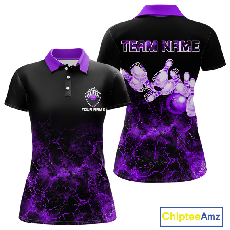 Personalized Women's bowling shirts Purple lightning Bowling Ball Pins bowling jerseys for Bowler NQS10634