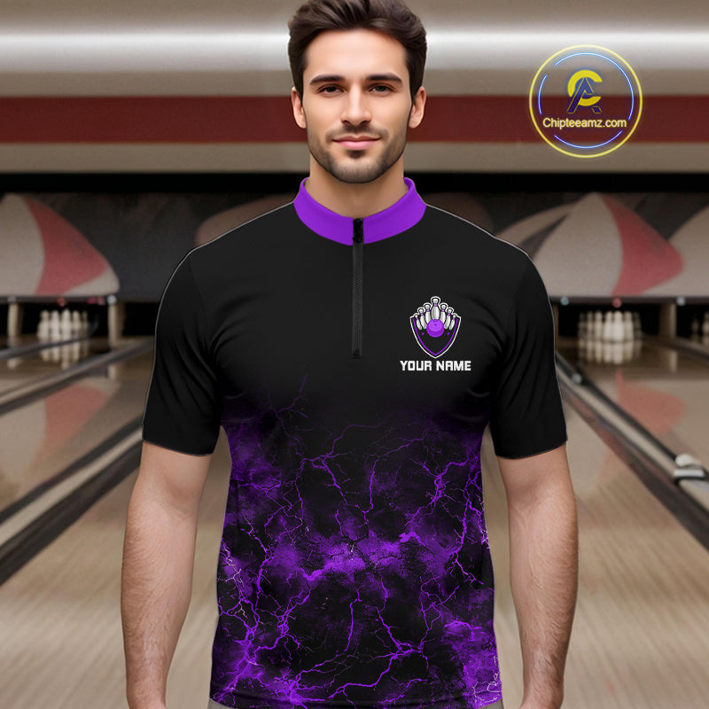 Personalized Men's bowling shirts Purple lightning Bowling Ball Pins bowling jerseys for Bowler NQS10634