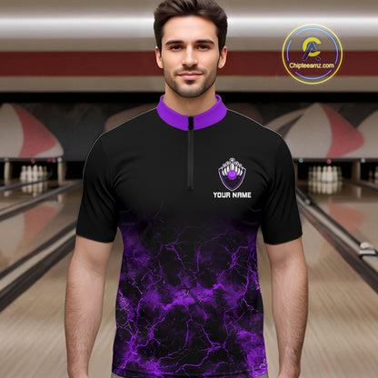Personalized Men's bowling shirts Purple lightning Bowling Ball Pins bowling jerseys for Bowler NQS10634