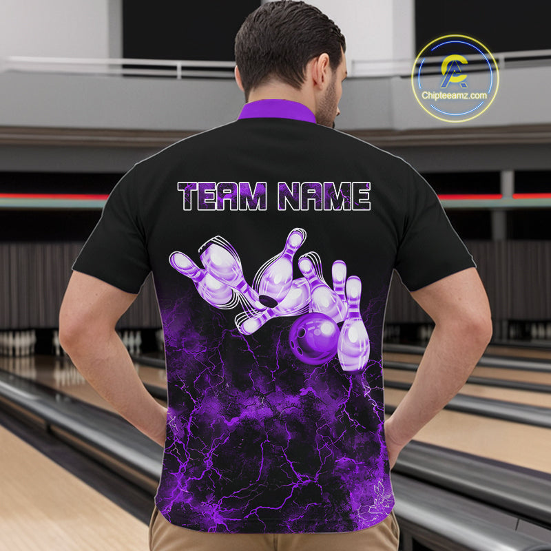 Personalized Men's bowling shirts Purple lightning Bowling Ball Pins bowling jerseys for Bowler NQS10634