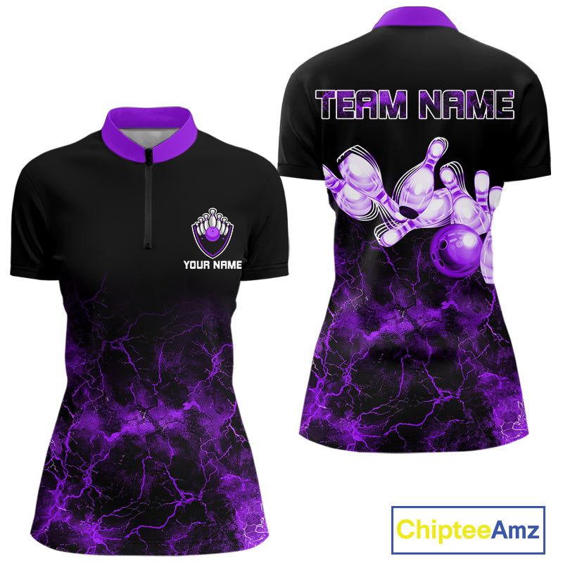 Personalized Women's bowling shirts Purple lightning Bowling Ball Pins bowling jerseys for Bowler NQS10634