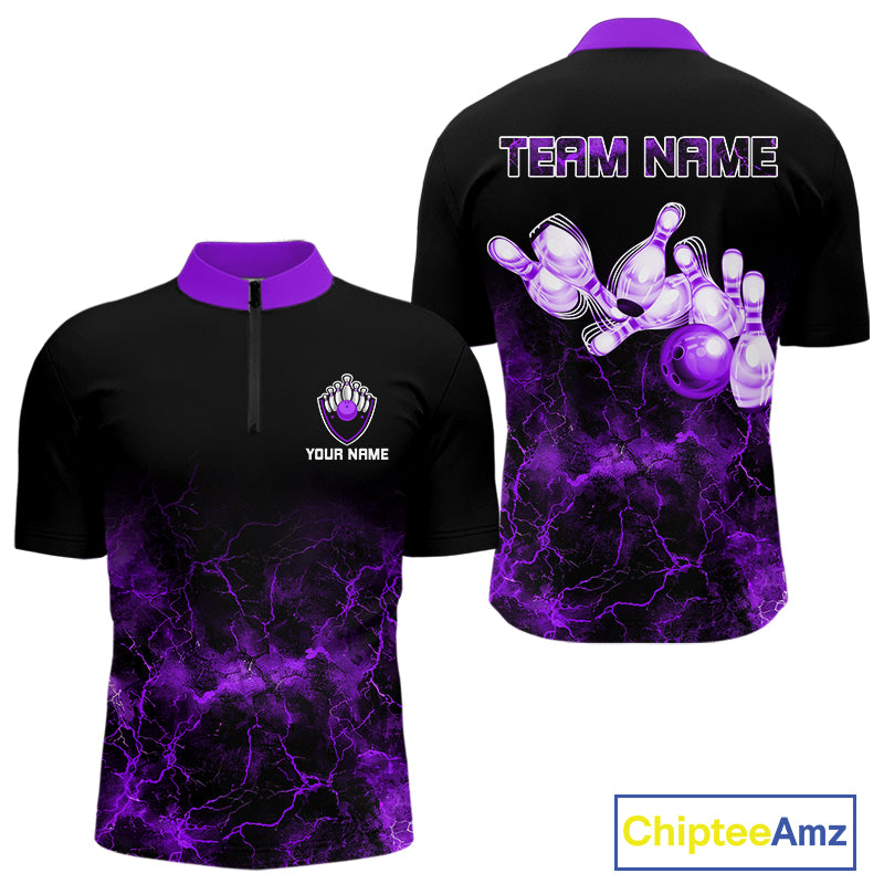 Personalized Men's bowling shirts Purple lightning Bowling Ball Pins bowling jerseys for Bowler NQS10634