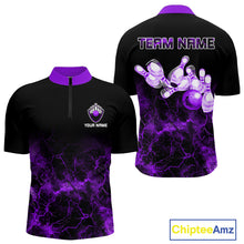 Load image into Gallery viewer, Personalized Men&#39;s bowling shirts Purple lightning Bowling Ball Pins bowling jerseys for Bowler NQS10634