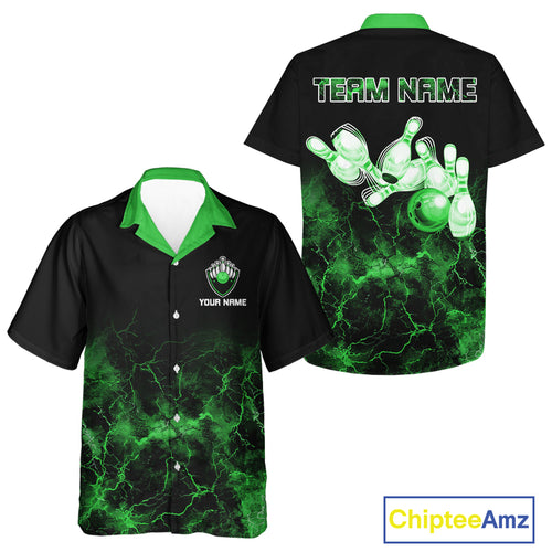 Personalized Bowling Hawaiian Shirt Green lightning Bowling Ball Pins bowling shirt for Bowler NQS10635