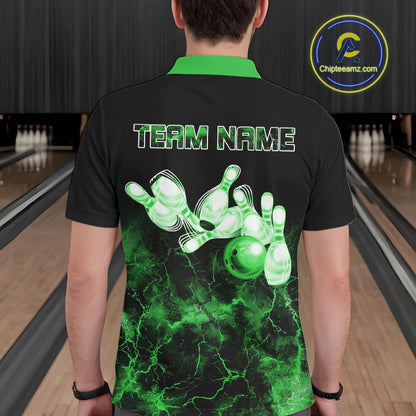 Personalized Men's bowling shirts Green lightning Bowling Ball Pins bowling jerseys for Bowler NQS10635