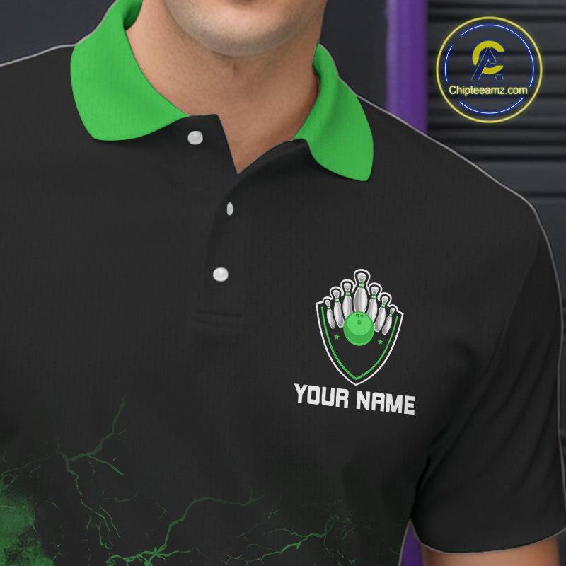 Personalized Men's bowling shirts Green lightning Bowling Ball Pins bowling jerseys for Bowler NQS10635