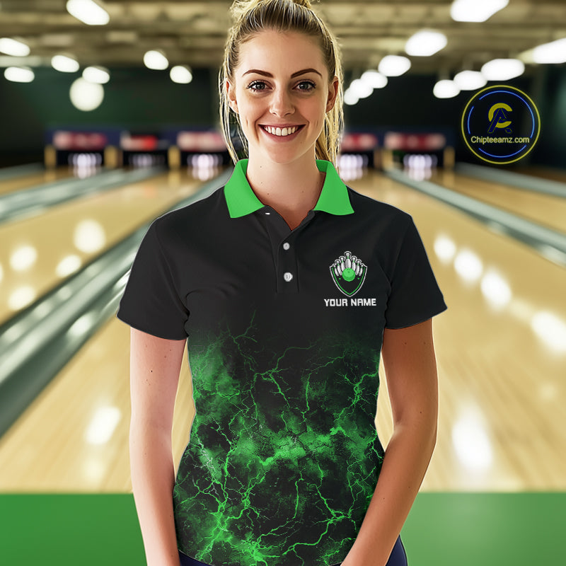Personalized Women's bowling shirts Green lightning Bowling Ball Pins bowling jerseys for Bowler NQS10635