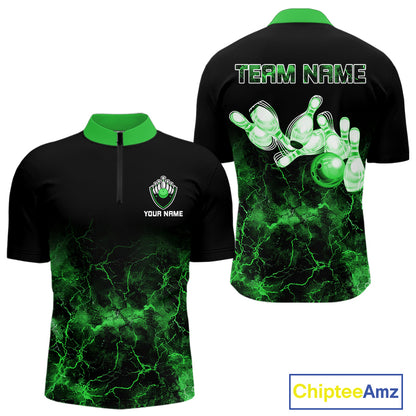 Personalized Men's bowling shirts Green lightning Bowling Ball Pins bowling jerseys for Bowler NQS10635