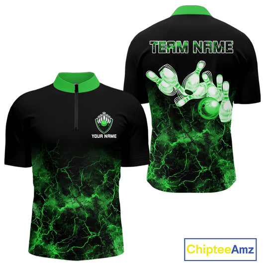 Personalized Men's bowling shirts Green lightning Bowling Ball Pins bowling jerseys for Bowler NQS10635