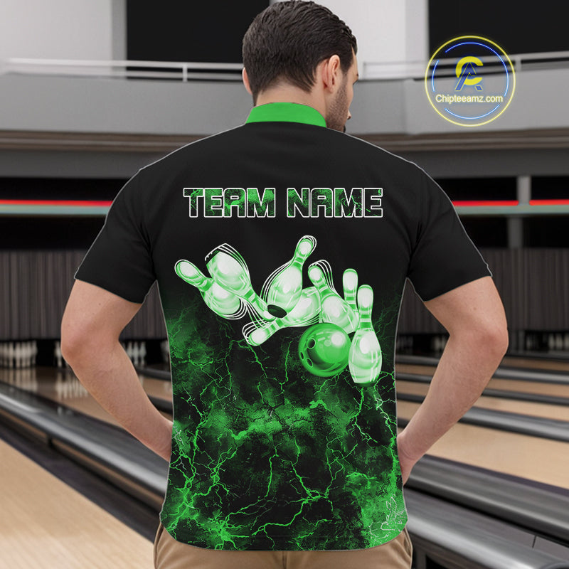 Personalized Men's bowling shirts Green lightning Bowling Ball Pins bowling jerseys for Bowler NQS10635