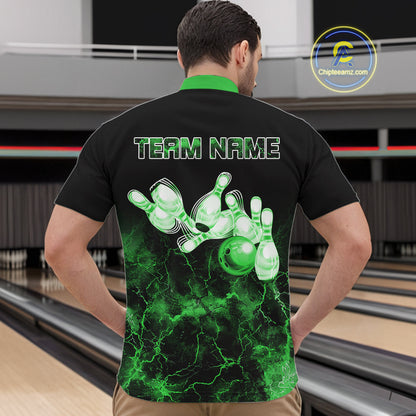 Personalized Men's bowling shirts Green lightning Bowling Ball Pins bowling jerseys for Bowler NQS10635