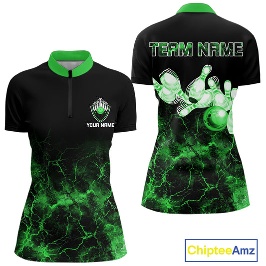 Personalized Women's bowling shirts Green lightning Bowling Ball Pins bowling jerseys for Bowler NQS10635