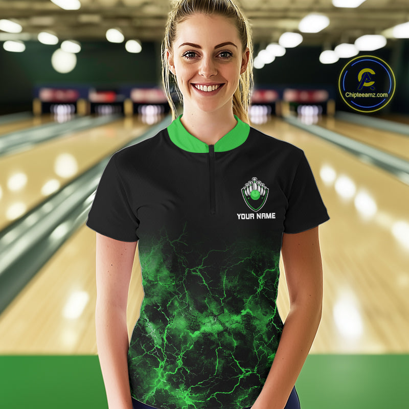 Personalized Women's bowling shirts Green lightning Bowling Ball Pins bowling jerseys for Bowler NQS10635