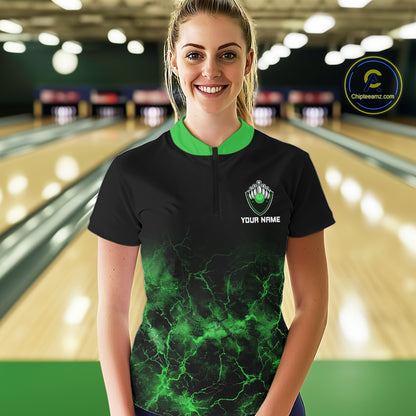 Personalized Women's bowling shirts Green lightning Bowling Ball Pins bowling jerseys for Bowler NQS10635