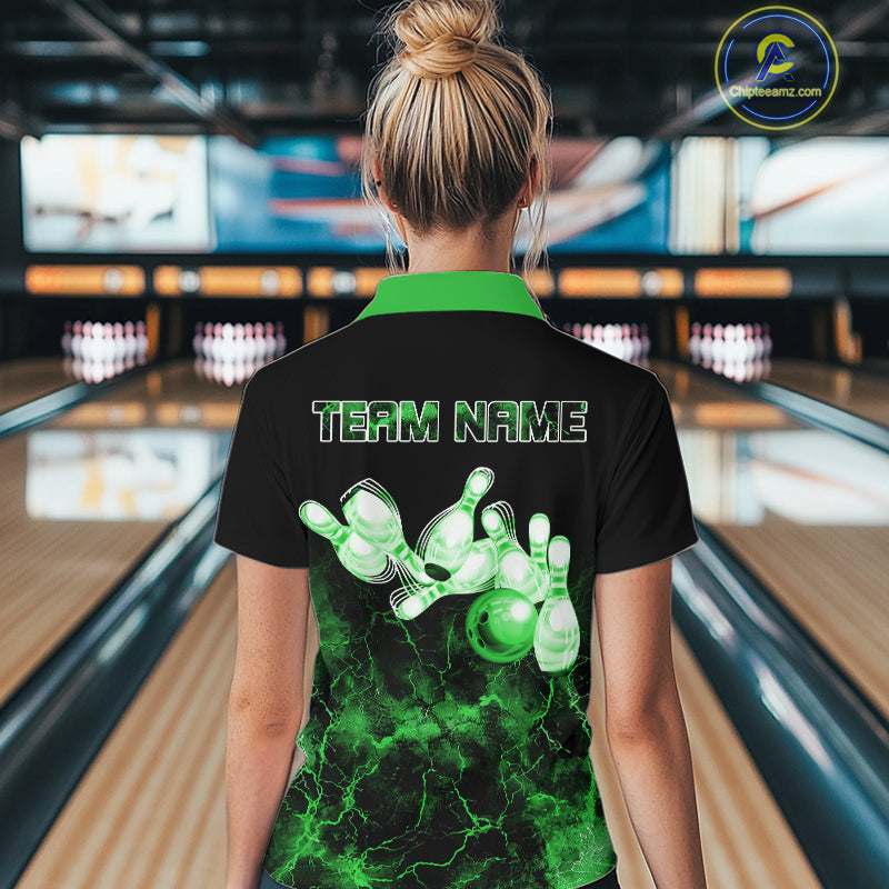Personalized Women's bowling shirts Green lightning Bowling Ball Pins bowling jerseys for Bowler NQS10635