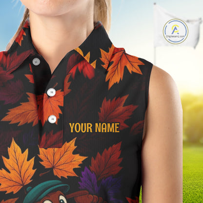 Golf Turkey Thanksgiving Women's Sleeveless Polo Shirt Orange Autumn Leaf Custom Golf top For Ladies NQS10637