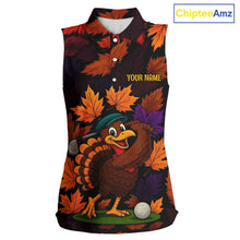 Load image into Gallery viewer, Golf Turkey Thanksgiving Women&#39;s Sleeveless Polo Shirt Orange Autumn Leaf Custom Golf top For Ladies NQS10637