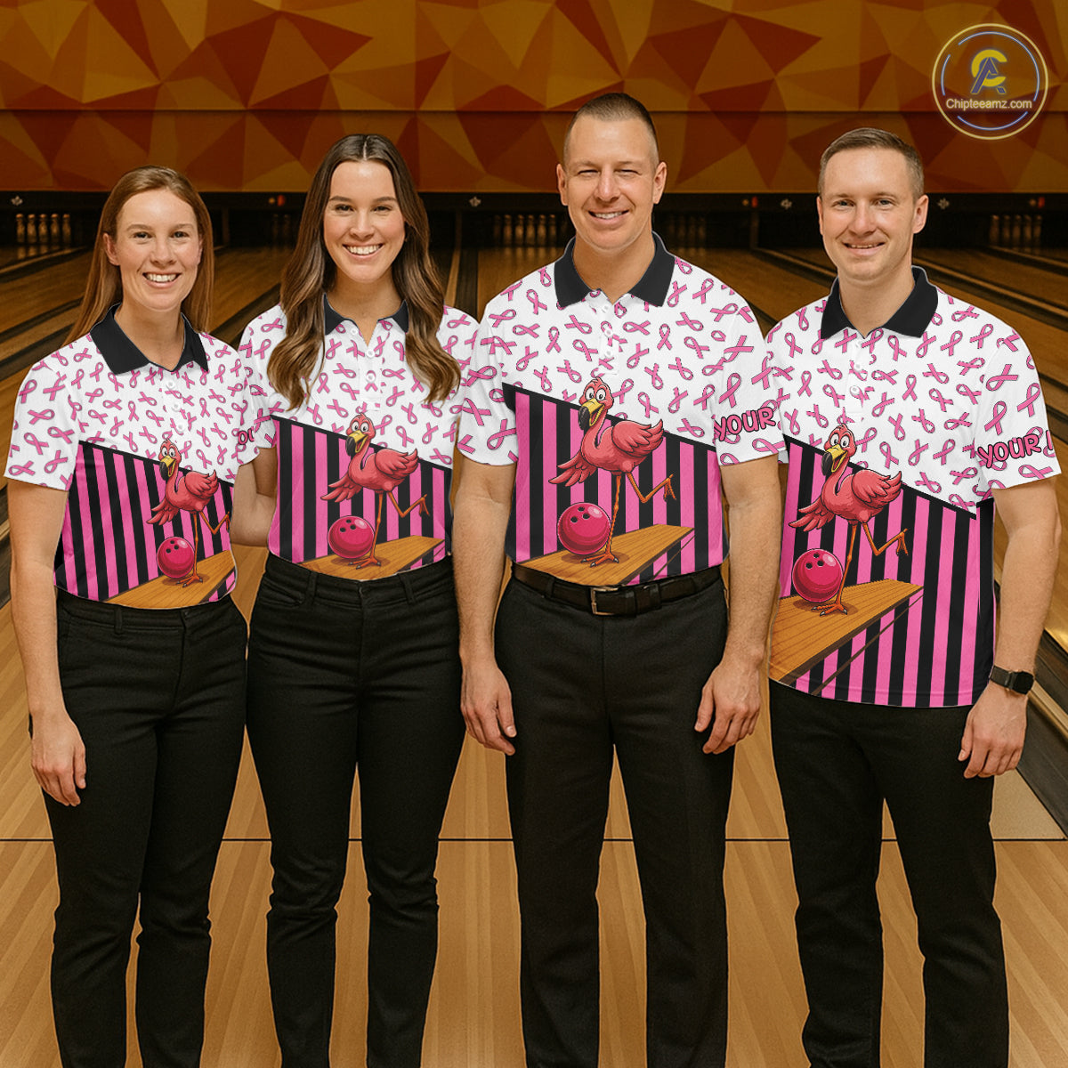 Pink ribbon pattern funny flamingo Bowling shirts for Women Custom breast cancer Team bowling outfit NQS11245