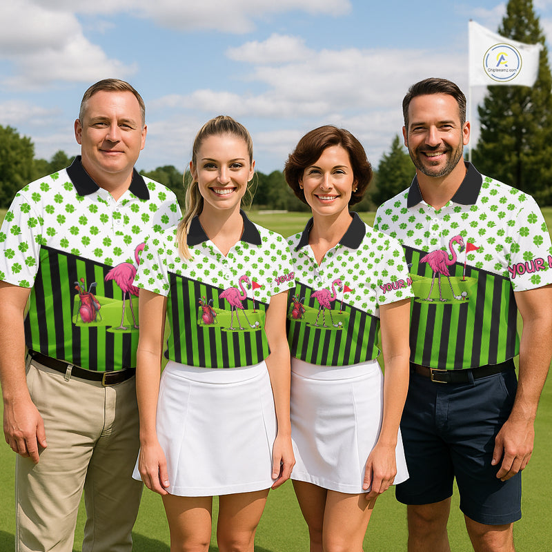 Green shamrock pattern flamingo Women golf polo shirts Custom St Patrick's Day golf outfit for ladies NQS11246