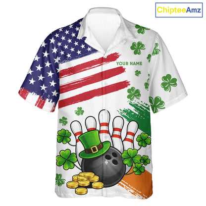 American Flag St Patrick's Day Clover Bowling Hawaiian shirts Custom team bowling button up shirt NQS11452