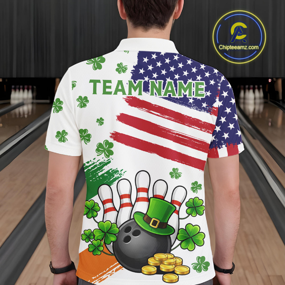American Flag St Patrick's Day Clover Bowling polo, 1/4 zip shirt for men Custom team bowling jersey NQS11452