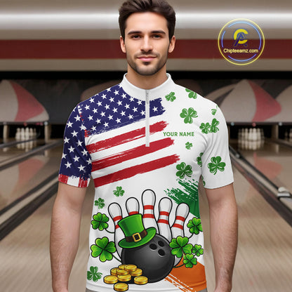 American Flag St Patrick's Day Clover Bowling polo, 1/4 zip shirt for men Custom team bowling jersey NQS11452