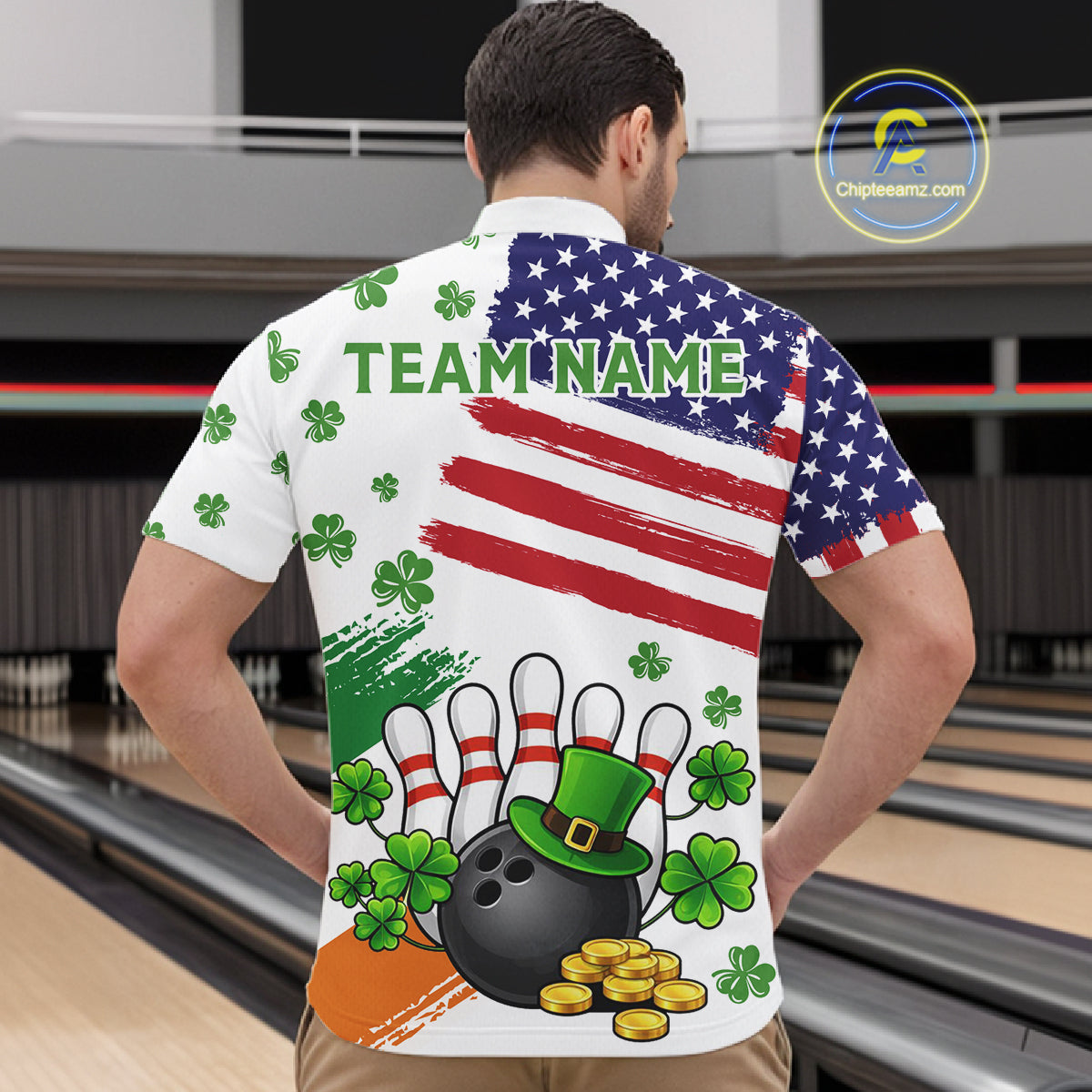 American Flag St Patrick's Day Clover Bowling polo, 1/4 zip shirt for men Custom team bowling jersey NQS11452