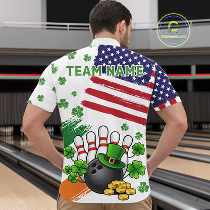 American Flag St Patrick's Day Clover Bowling polo, 1/4 zip shirt for men Custom team bowling jersey NQS11452