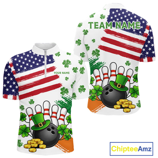 American Flag St Patrick's Day Clover Bowling polo, 1/4 zip shirt for men Custom team bowling jersey NQS11452