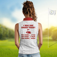 Load image into Gallery viewer, Women sleeveless polo shirt Red and white custom I was one under today, under a tree, bush, water NQS11637