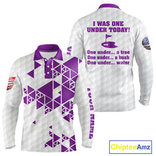 Load image into Gallery viewer, Funny Mens golf polo shirts Purple and white custom I was one under today, under a tree, bush, water NQS11638