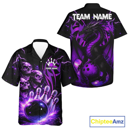 Custom Black and Purple Lightning Thunder Skull Dragon Bowling Button-up Shirts, Team Bowling Jerseys NQS11641