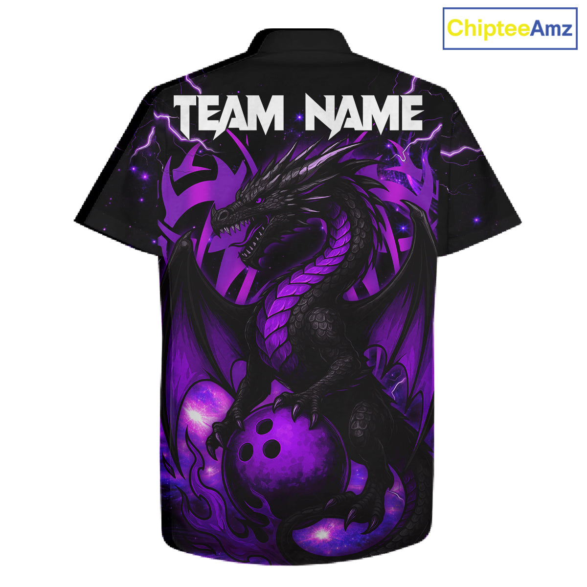 Custom Black and Purple Lightning Thunder Skull Dragon Bowling Button-up Shirts, Team Bowling Jerseys NQS11641