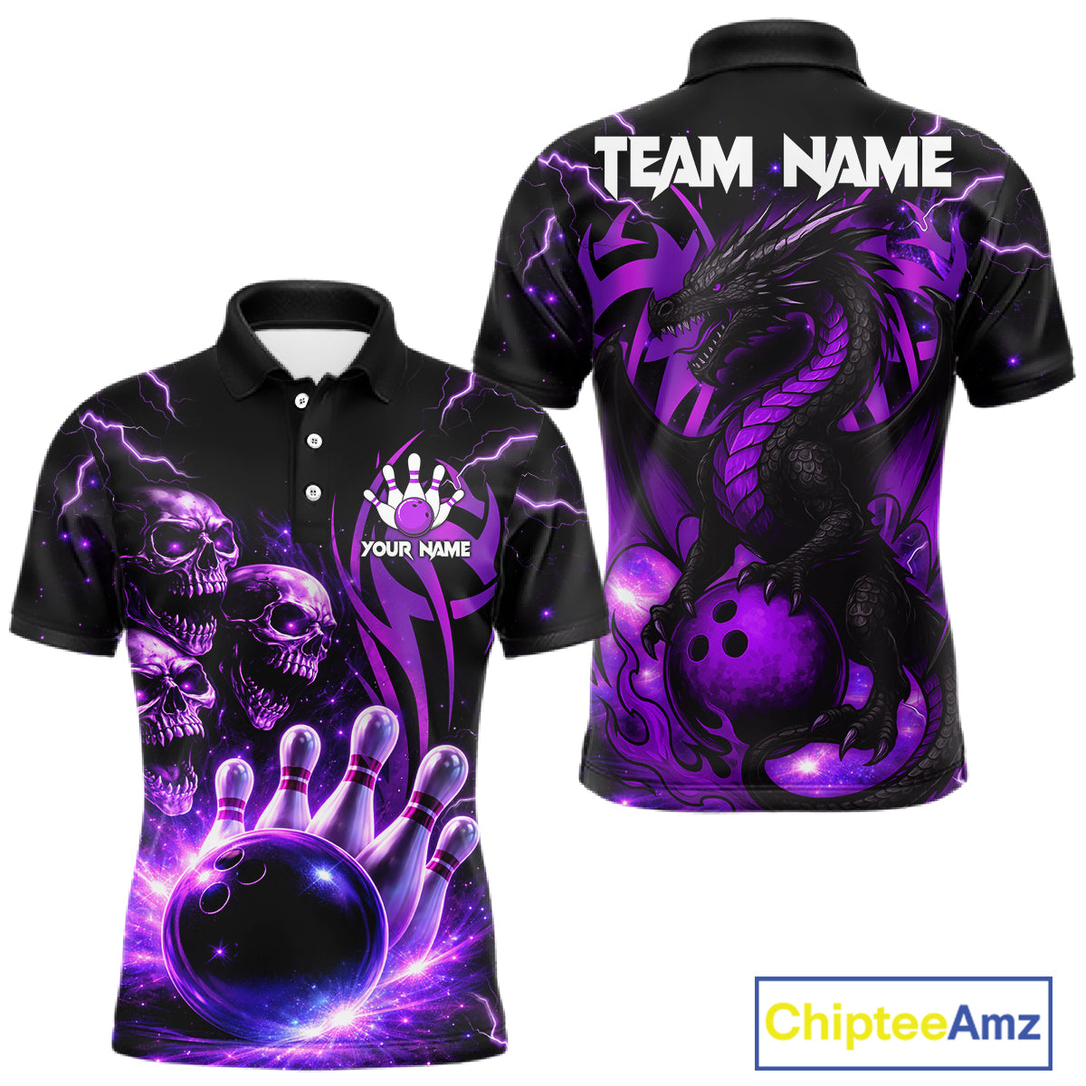 Custom Black and Purple Lightning Thunder Skull Dragon Bowling Shirts For Men, Team Bowling Jerseys NQS11641