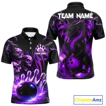 Custom Black and Purple Lightning Thunder Skull Dragon Bowling Shirts For Men, Team Bowling Jerseys NQS11641