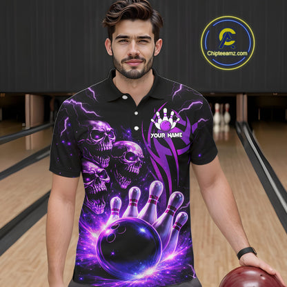 Custom Black and Purple Lightning Thunder Skull Dragon Bowling Shirts For Men, Team Bowling Jerseys NQS11641