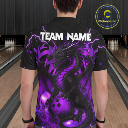 Custom Black and Purple Lightning Thunder Skull Dragon Bowling Shirts For Men, Team Bowling Jerseys NQS11641