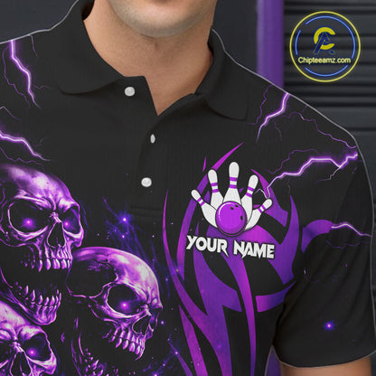 Custom Black and Purple Lightning Thunder Skull Dragon Bowling Shirts For Men, Team Bowling Jerseys NQS11641